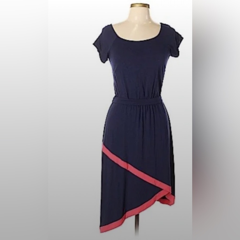 Navy Knit Bi-level Dress with watermelon pink accent trim by Only Hearts